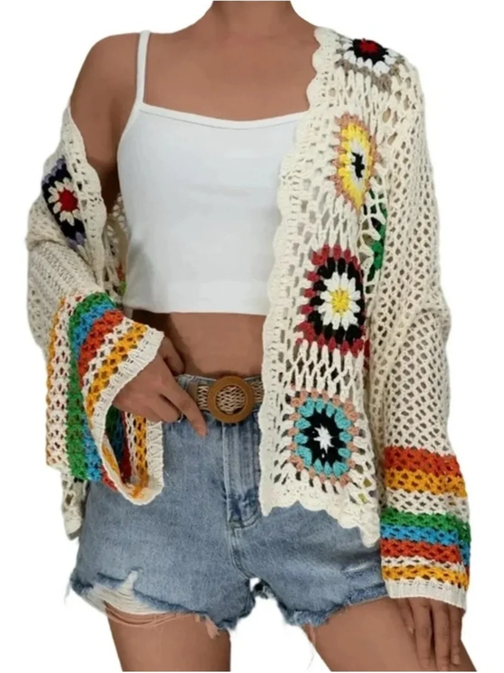 Women's Floral Crochet Cardigan Hollow Out Long Sleeve Open Front Sweater Y2K - Picture 4 of 10